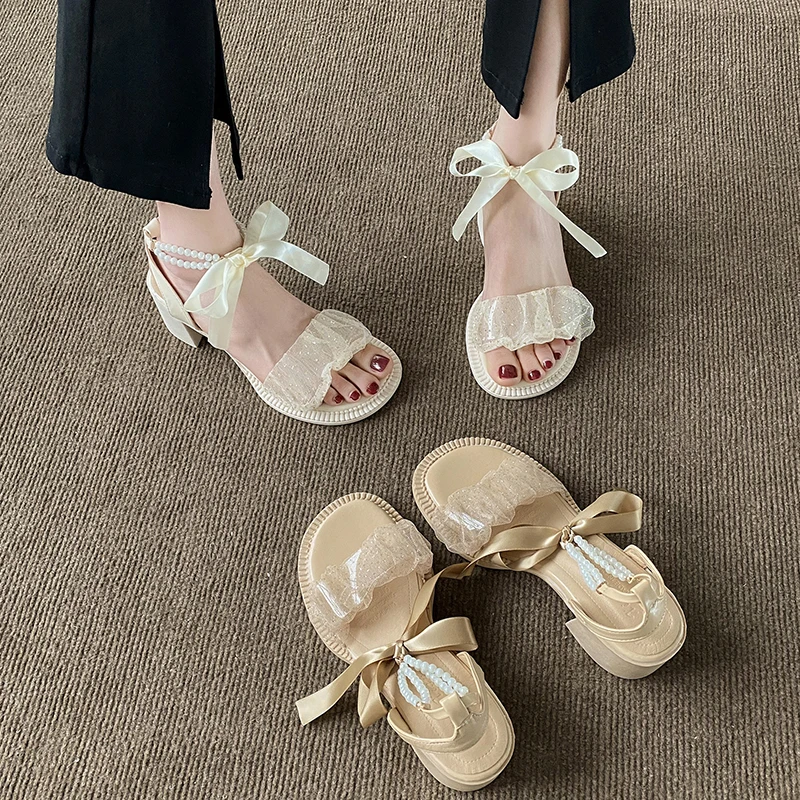 

Med High Heel Sandal for Women Anti-Skid Clear Shoes All-Match Suit Female Beige 2022 Summer Shallow Mouth Medium High-heeled Co