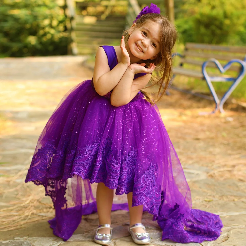 

Dark Purple Flower Girls Dresses 2023 Applique Hi-Lo Tulle Kids Wedding Party Dress Princess A-Line Puffy Child Bridel Gown