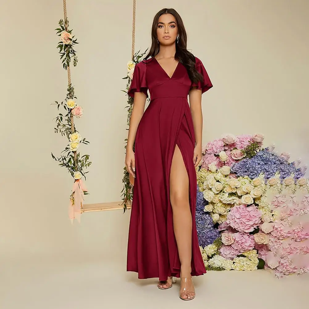 

Hot！Prom Dress V Neck Short Sleeves Solid Color Pleated High Split Dress-up Ankle Length Irregular Party Dress Female Dress