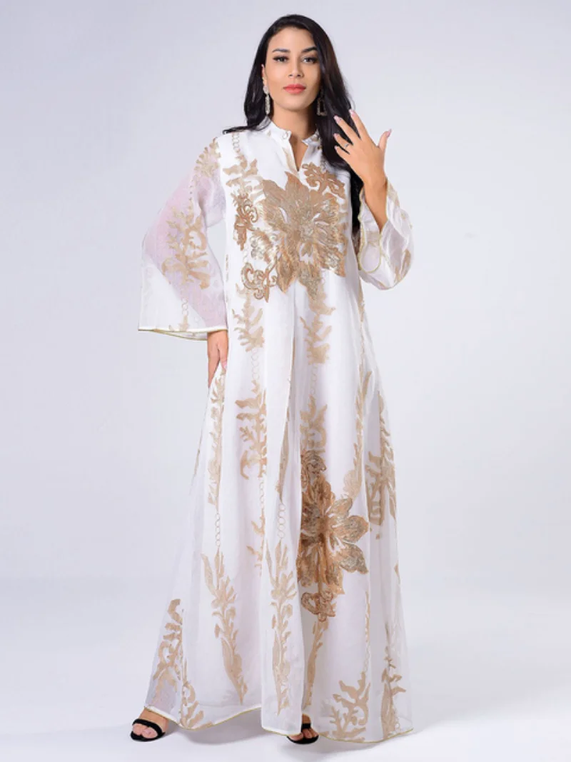 Modest Muslim Moroccan Caftan Dubai Abaya for Women Ramadan Eid-al-Adha 2023 Gold Thread Sequins Embroidery Arab Long Dress Yarn