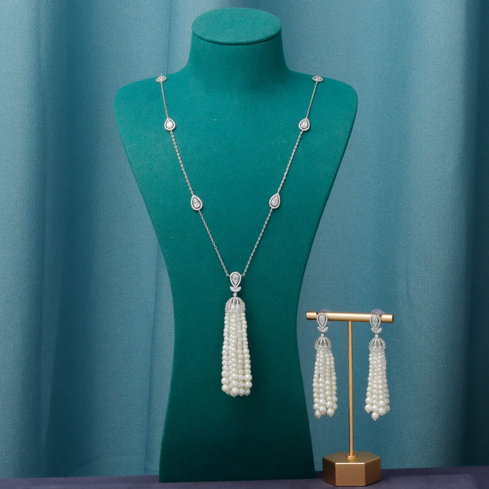 

JEWEL Luxury CZ 80cm Long-Chain Pearl Tassels Necklace Earrings For Women Anniversary Bridal Wedding 2PCS Jewelry Set
