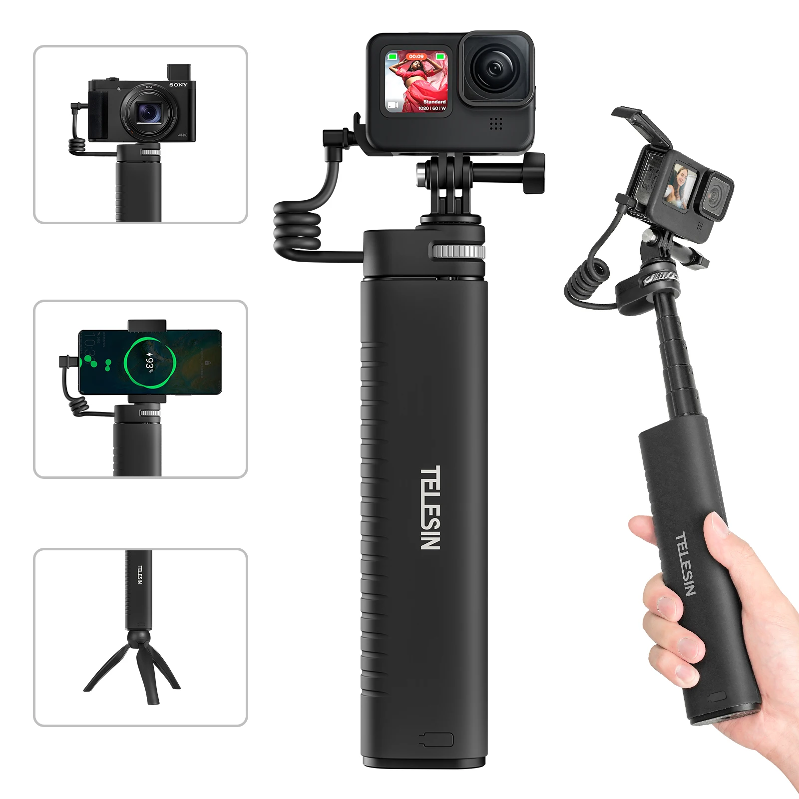 TELESIN Charging Selfie Stick 10000mah Power Bank Universal For Gopro Insta360 DJI Action Sports Camera For Smart Phone enlarge