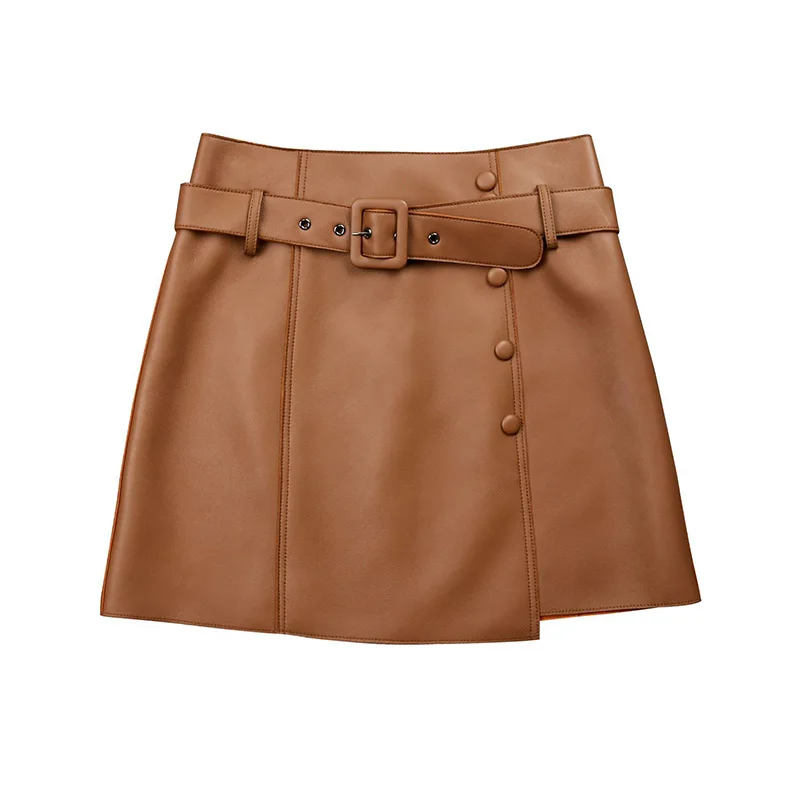 2023 Lady Real Leather Skirt Fashion Sheepskin Leather Mini Skirt With Belt Spring Autumn Asymmetrical Dress TF4748