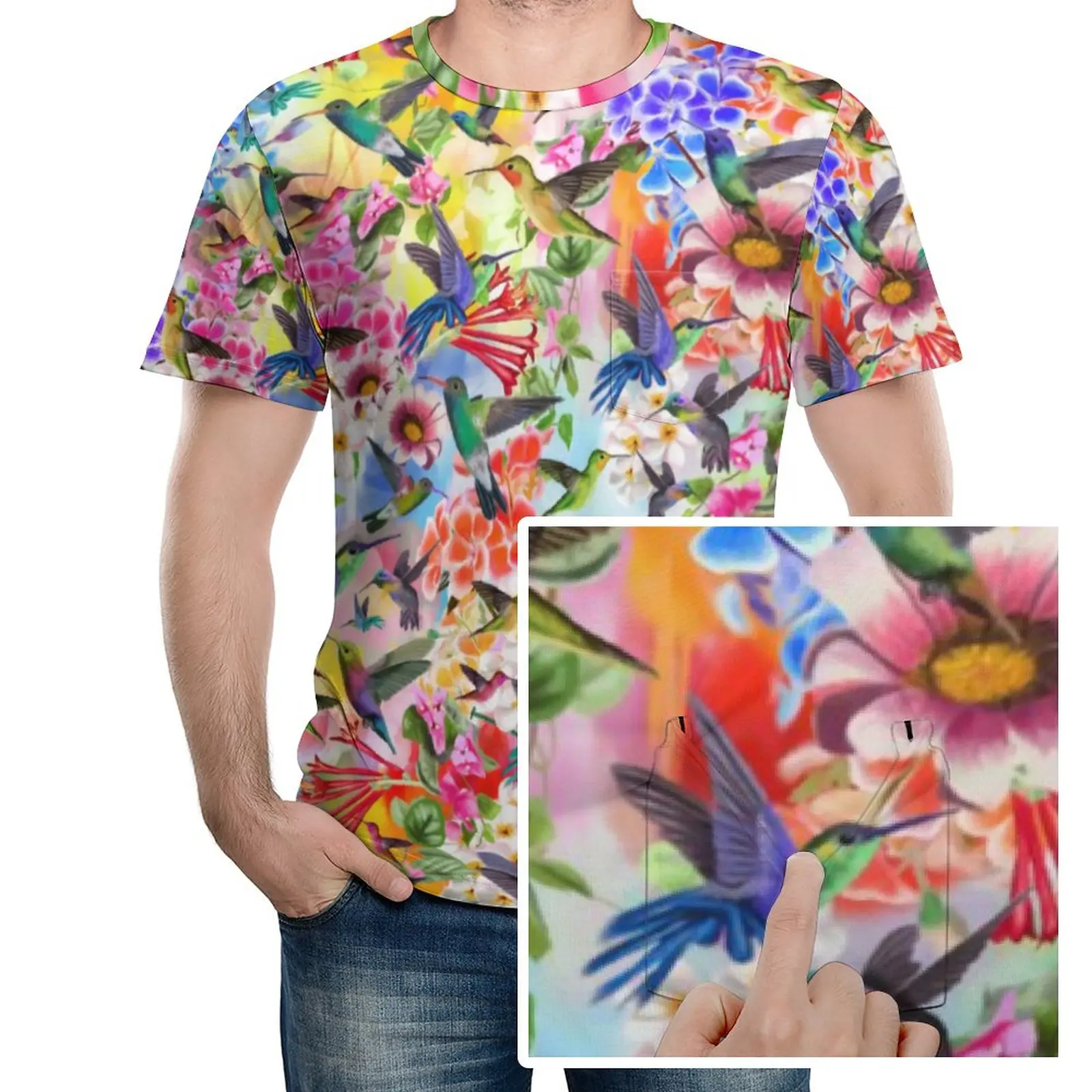 

Цветная футболка с цветочным принтом, модные футболки с принтом гумминг, птицы, карманы, Пляжная футболка на заказ, милая Одежда большого ра...