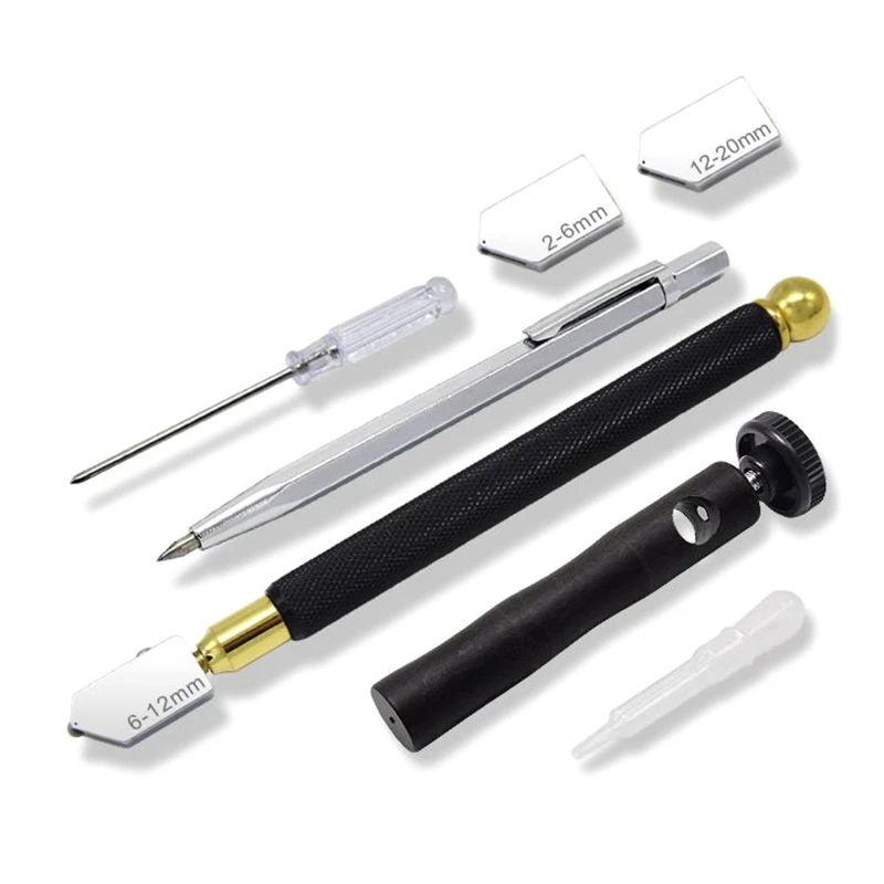 

Portable Glass Cutter Tool Set Cutting Thickness 2-20mm Pencil Style Oil Feed Tip with Screwdriver Oil Dropper Blades