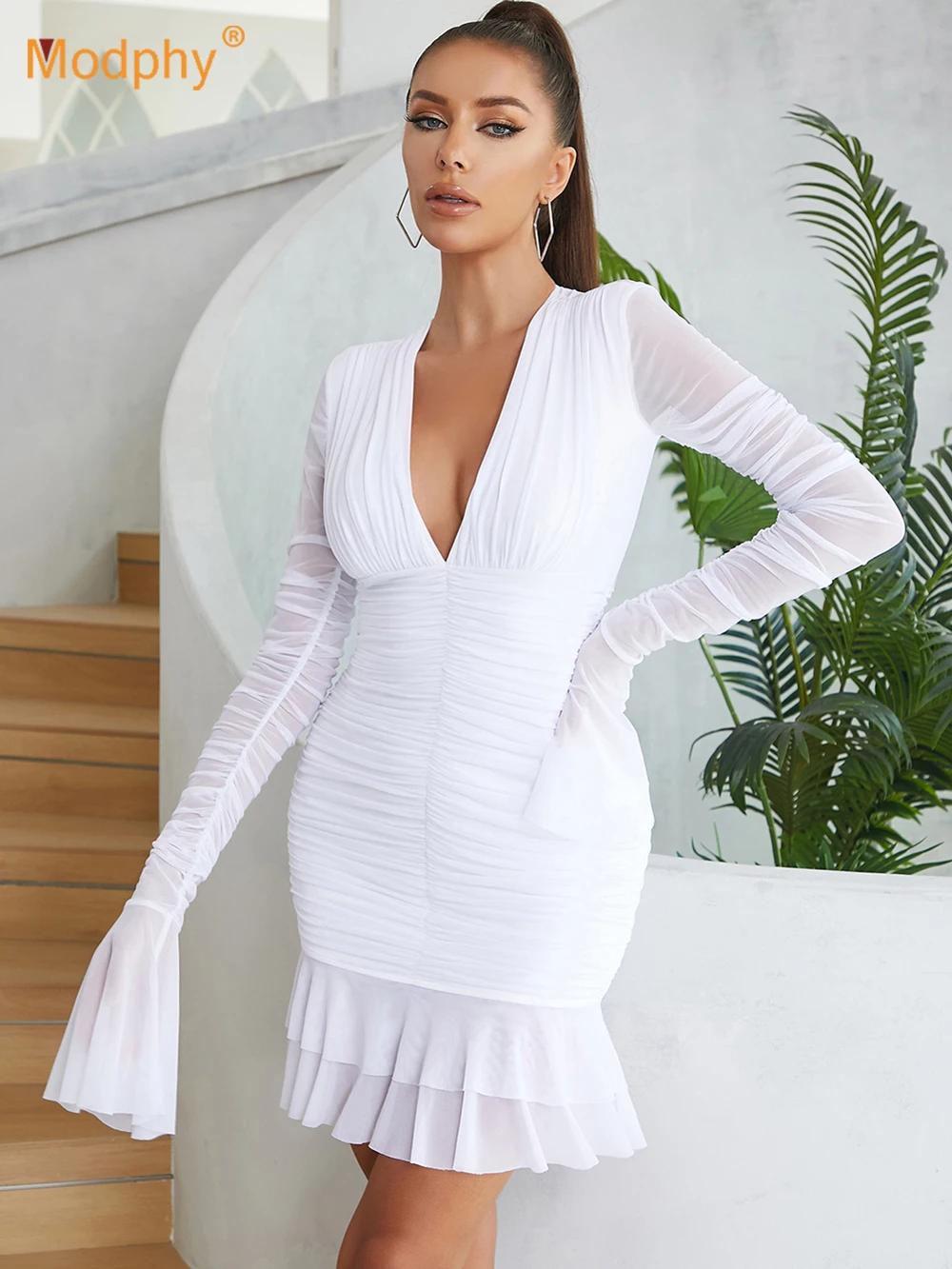 

Modphy Sexy V Neck Ruffle Dress Flare Sleeve Short Dress 2023 New Hight Quality Long sleeve Chic Dresses Ladies A-line Dress