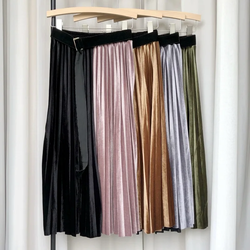 

Женская плиссированная юбка средней длины, золотистая бархатная юбка с поясом и металлическим жемчугом, длинная трапециевидная юбка с высокой талией для осени и зимы