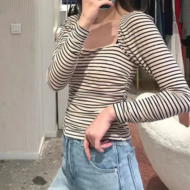 

Women Sweater Square Collar Stripes Long Sleeve Loose Fit Contrast Backless Pullover Jumper Office Lady Top