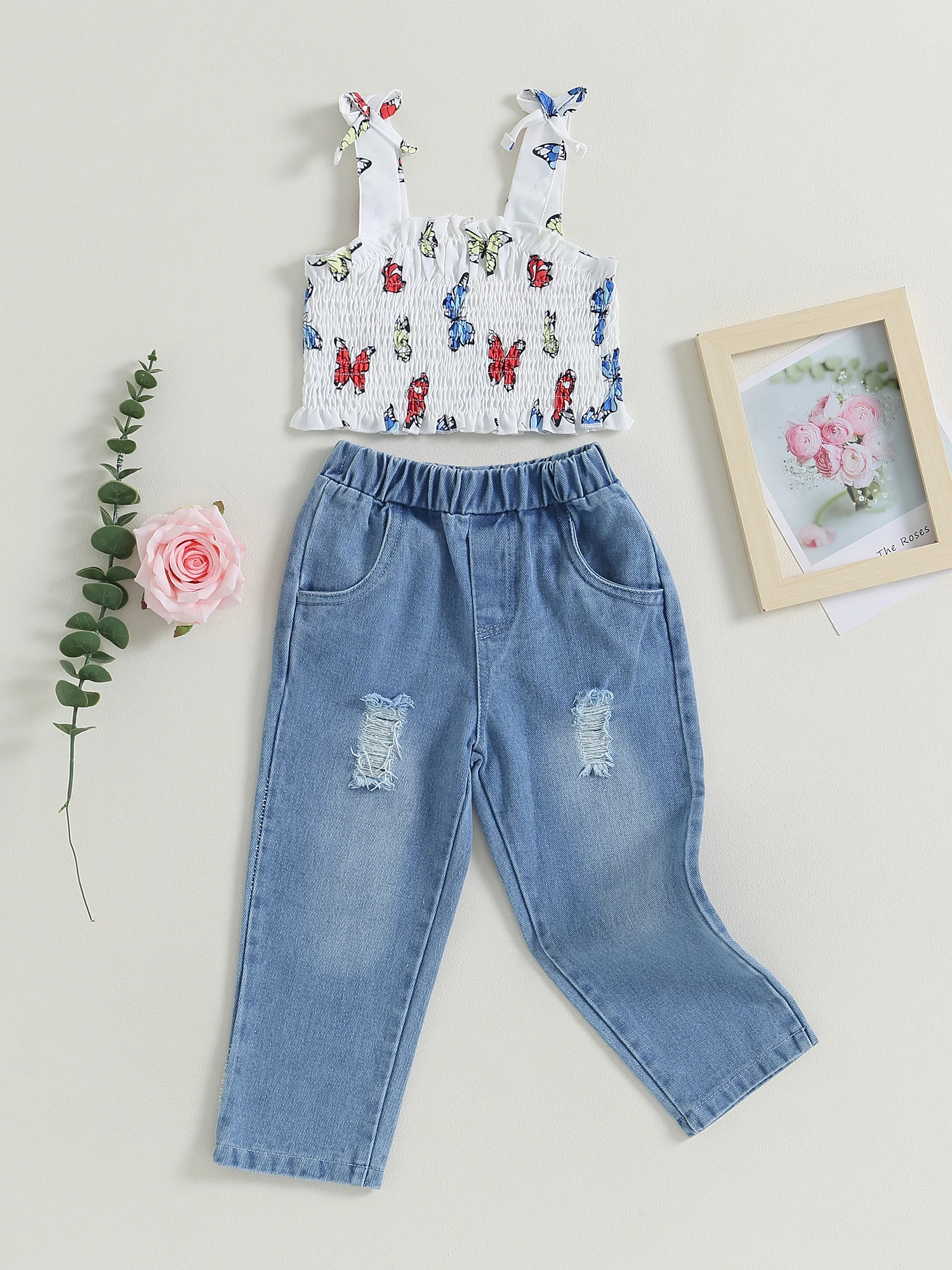 

Adorable Toddler Girls Butterfly Print Smocked Camisole and Ripped Jeans Set for a Stylish Summer Outfit