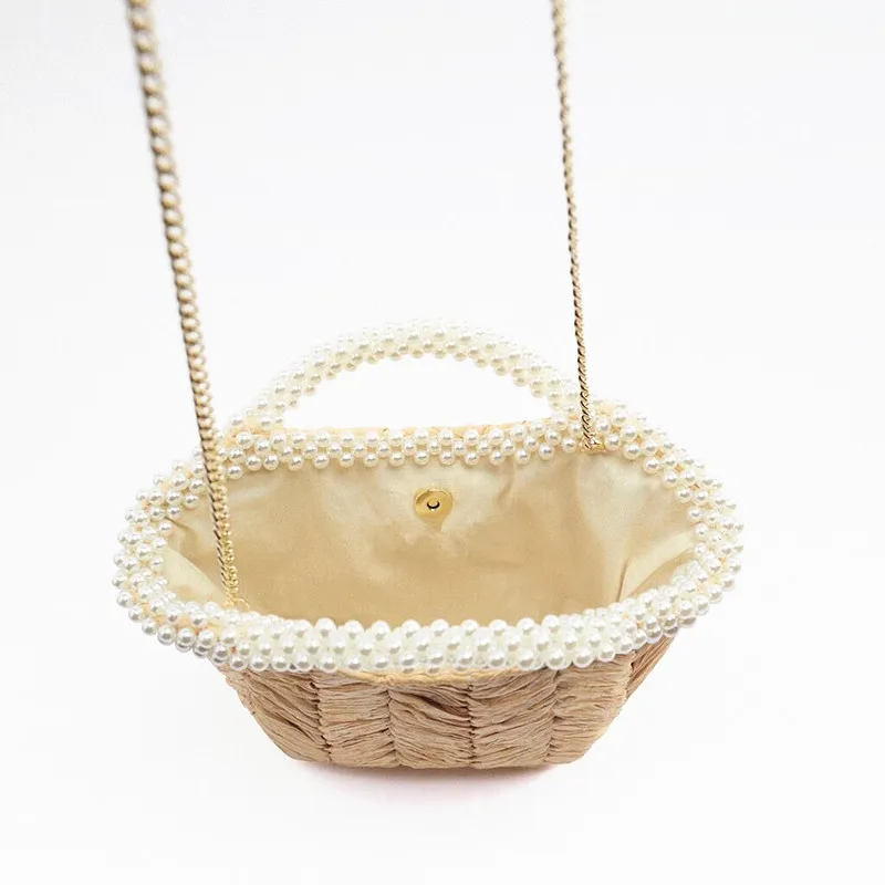 New imitation pearl one-shoulder straw woven bag hand-woven women's fashion beach |