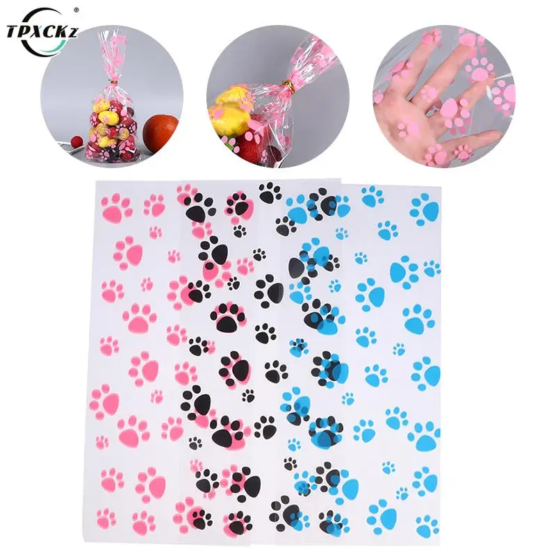 

50/100Pcs Pink Cat Paw Print Plastic Treat Favor Bag With Twist Ties Animal Pet Paws Themed Birthday Party Supplies Decorations