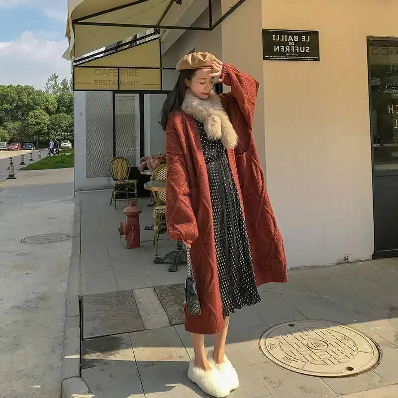 

Женский длинный вязаный кардиган, однотонный Свободный Повседневный теплый свитер, модель D120 на весну и осень, 2022