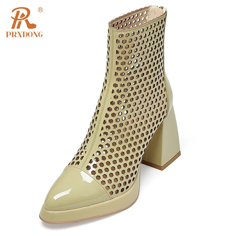 

PRXDONG Women's Shoes New Fashion Patent Leather Chunky High Heels Platform Zipper Black White Dress Party Casual Ankle Boots 39