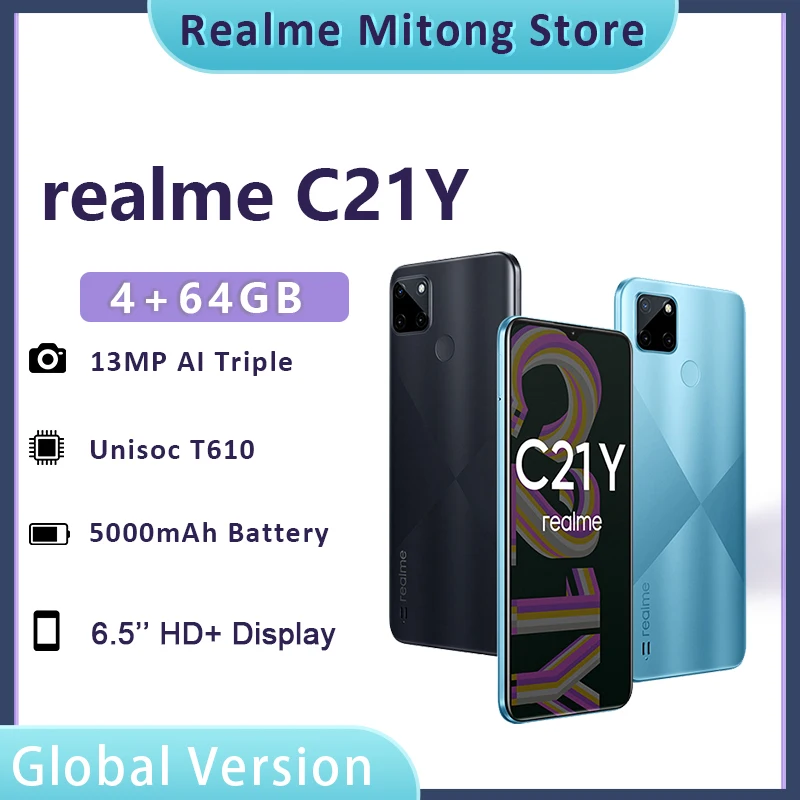 Смартфон realme C21Y, 6,5 дюйма, 4 + 64 ГБ, 13 МП, три камеры, 5000 мАч