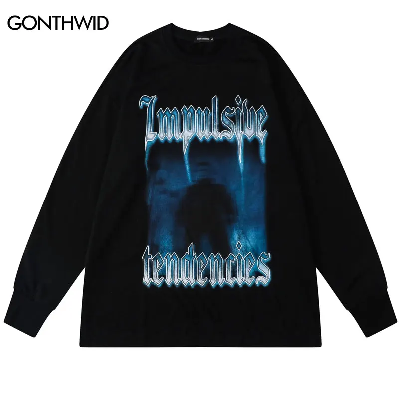 

Men Long Sleeve T-Shirt Hip Hop Graphic Print Punk Gothic Cotton Tshirt Streetwear 2022 Harajuku Fashion Casual Loose Shirts Top