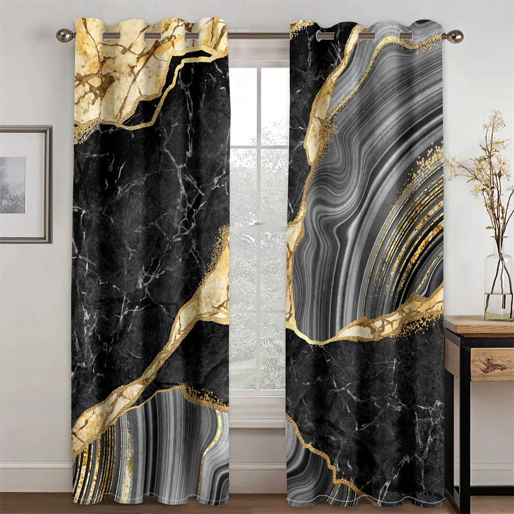 

3D Luxury Cheap Abstract Art Marble Black Gold Pattern 2 Pieces Thin Shading Window Curtain for Living Room Bedroom Decor Hook