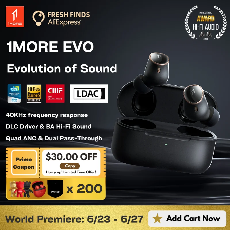  Мировая премьера 1MORE EVO Hi-Res LDAC наушники беспроводные Bluetooth 5.2 42dB Активное шумоподавление ANC Tws 40KHz Частотная характеристика Hi-Fi Sound 6 микро…