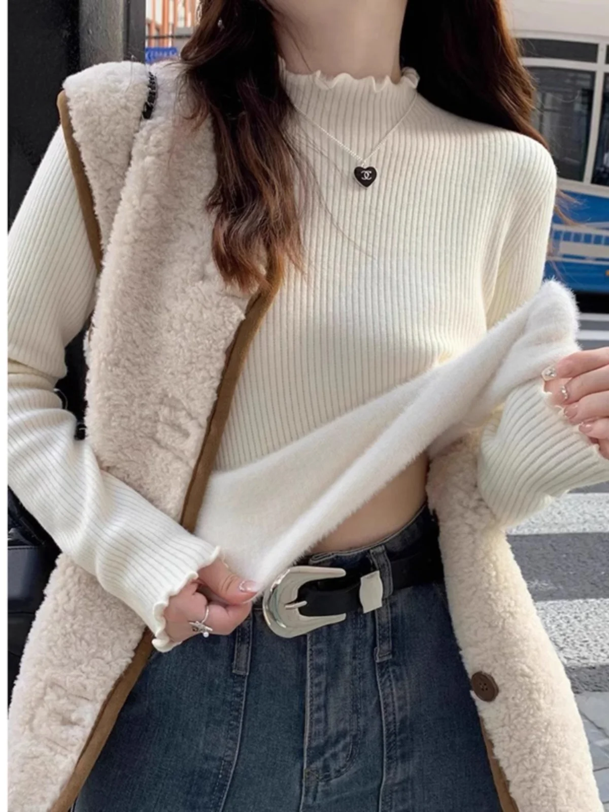 Осень-зима 2024 цельная бархатная трикотажная нижняя рубашка с полувысоким