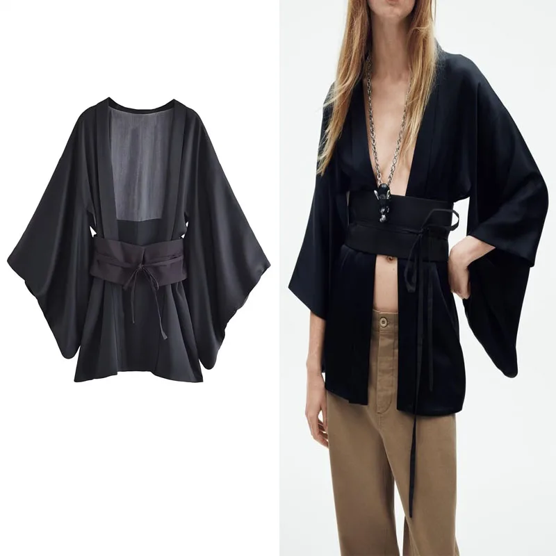 

TRAF Woman Satin Effect Sash Kimono Black V Neck Batwing Sleeves Short Robe Kimono Cover-ups Female Summer Beach Casual Kimono