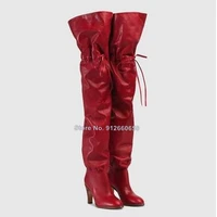 wooden round heel lace up boots over the knee woman boots round toe red black leather riding high heel riding boots size 35 43