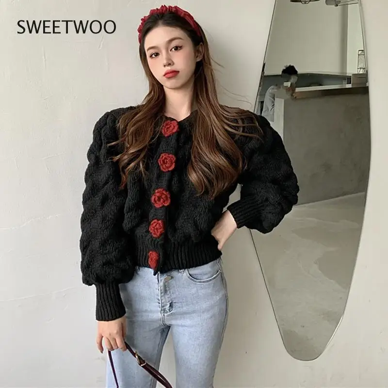 

Rose Floral Knitted Sweater Women O Neck Long Sleeve Cardigans Knitwear Korean Loose Chic Twisted Jumpers Vintage Harajuku 2022