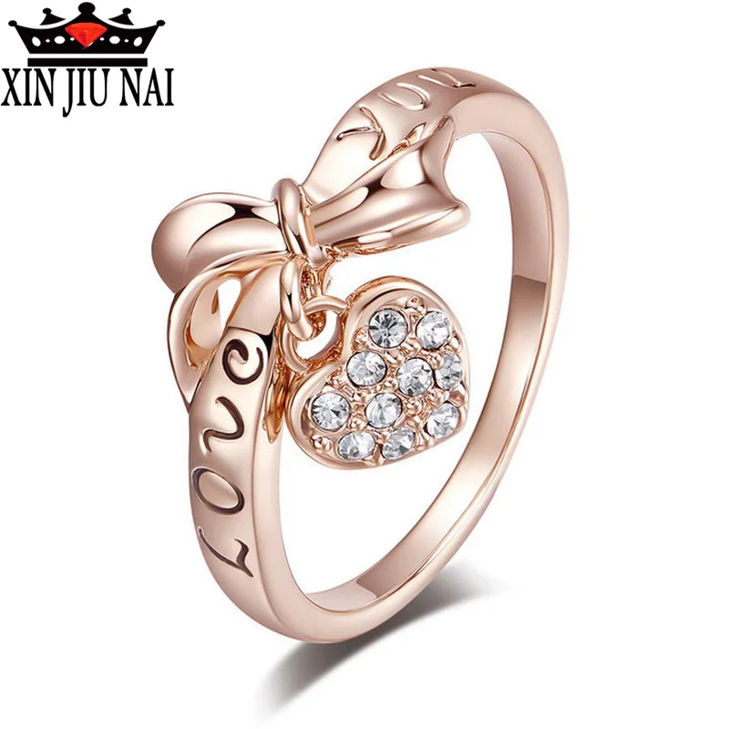 

Heart shape and bow engraved with "love you" letters inlaid with Austrian crystal elegant women's jewelry Valentine's Day gift