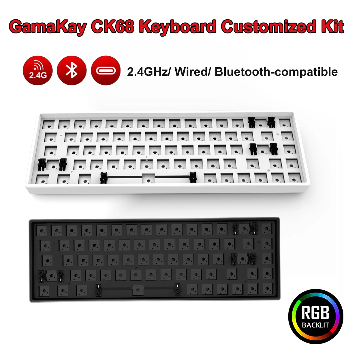 GamaKay-Kit de teclado mecánico CK68, personalizado, RGB, intercambiable, con cable/compatible con Bluetooth/2,4 GHz, PCB 65%, NKRO