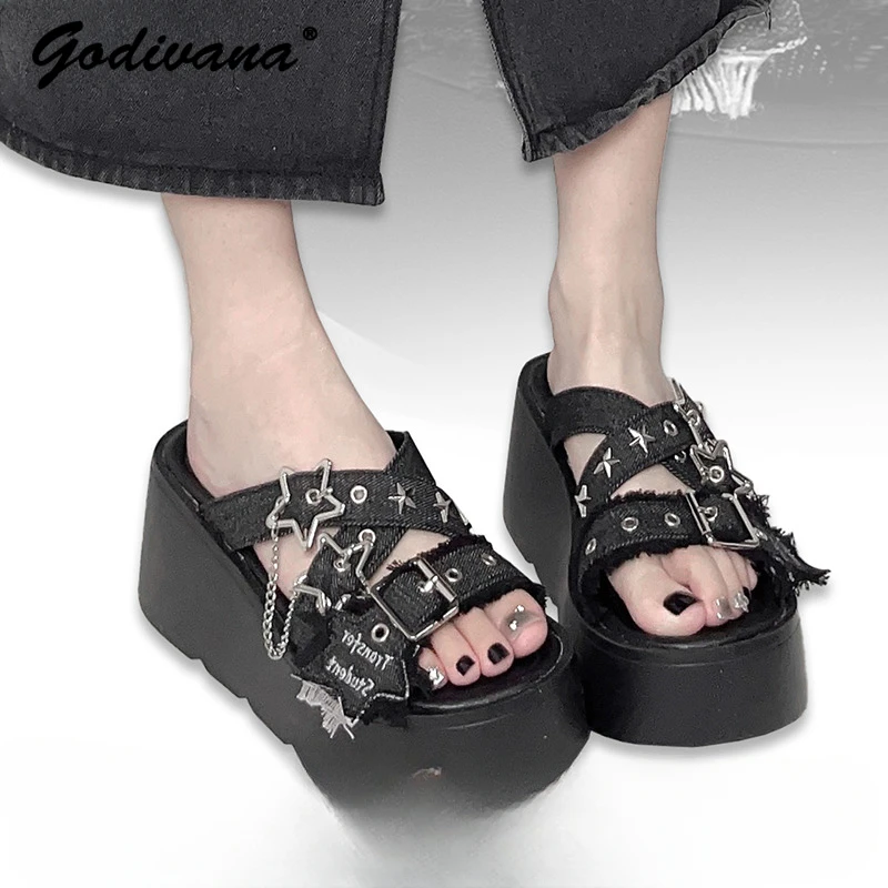 Оригинальные тапочки Y2K на платформе азиатской культуры популярные сандалии для