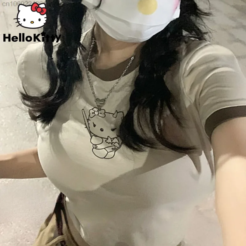 

Женская одежда Sanrio с рисунком Hello футболка Китти Y2k, топы для подростков, женские футболки с мультяшным принтом, сексуальная уличная одежда, свободная модная короткая одежда