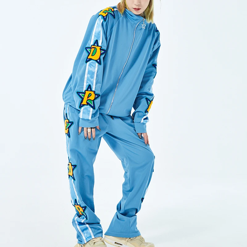 Mens and Womens High Street Lapel Velvet Zipper Casual Coat Oversize Sleeve Letter Embroidery Striped Autumn Jackets