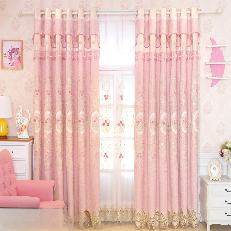 

Embroidered Curtains for Living Room Bedroom Pink Flower Curtain Simple Chenille Blackout Girl's Window Backdrop European Luxury