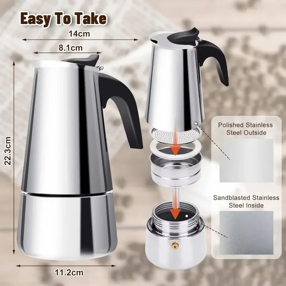 Фото Кофеварка Moka Pot 50 мл-600 мл из нержавеющей стали, перколятор для кафе, итальянская кофемашина, подходит для индукционных плит, посуда для кофе №4
