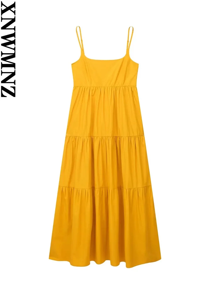 

XNWMNZ Women Fashion Poplin Midi Dress Woman Vacation Style Straight Neck Thin Straps Loose Casual Female Chic Dresses