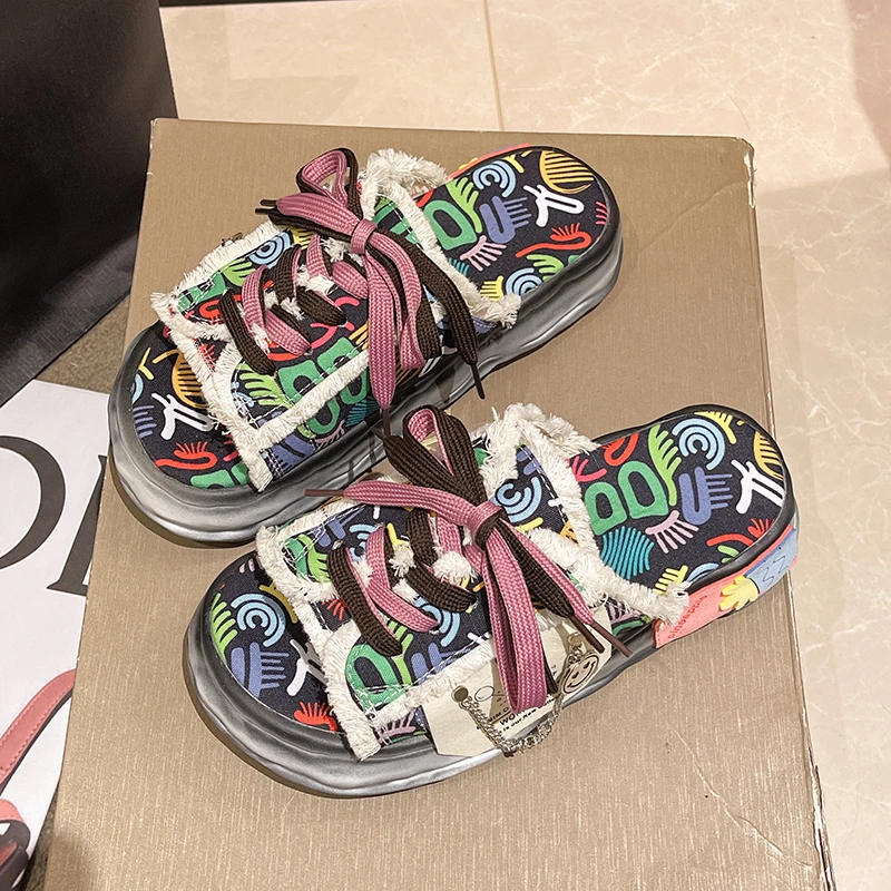 Summer Women Slippers Sweet Creative Canvas Chains Smiley Clogs Fashion Lace-up Platform Chunky Indoor Home Slides Flip Flops 35