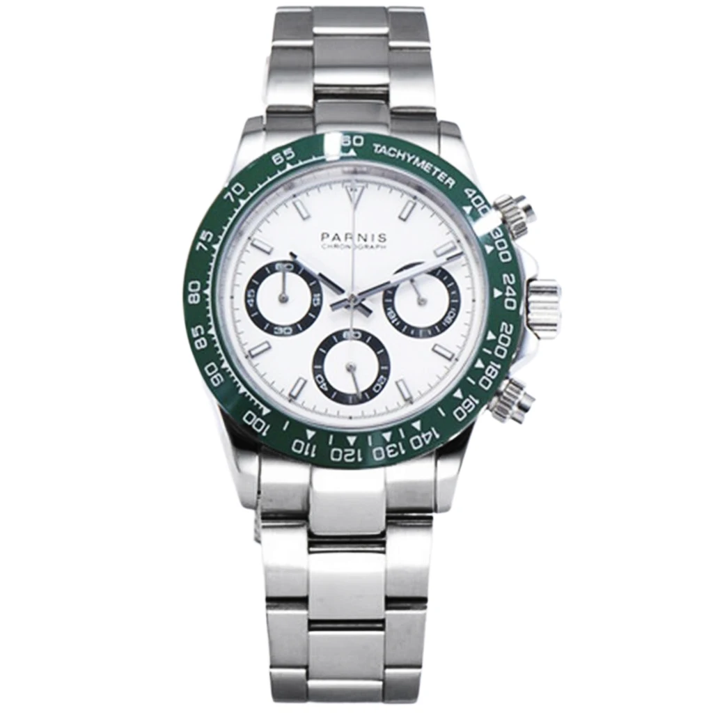 

39mm Parnis Quartz Movement Sapphire Glass Men's Watch Chronograph Marker Green Ceramic bezel W2892