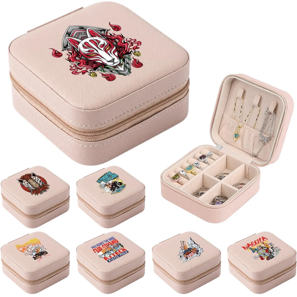 

Macaron Jewelry Box for Travel Portable Ring Earrings Necklace Organizer Mask Print Layer PU Leather Snap Zipper Display Case