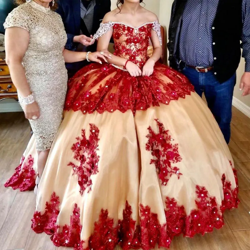 

Red Lace Quinceanera Dress Off Shoulder Rhinestone Princess Party Dress Sweet 16 Prom Dress