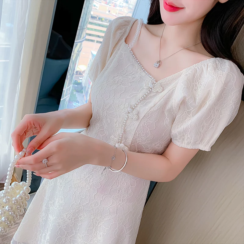 

2022 New Nail Bead Design Summer White Dress Women's Clothing Over The Knee Dresses Lace Short Sleeve Dress Robe Femme été 861B