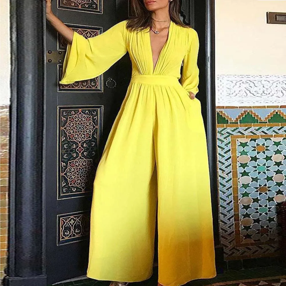

2022 Fashion Women Yellow Jumpsuit Loose Temperament Commuter Flavor Beltless Trousers Straight-leg Mid-waist Solid Color Suit