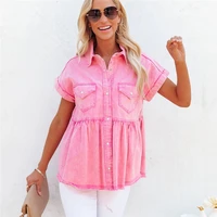 fashion loose shirts women new distressed vintage washed short sleeve shirts lapel single breasted shirts women casual tops