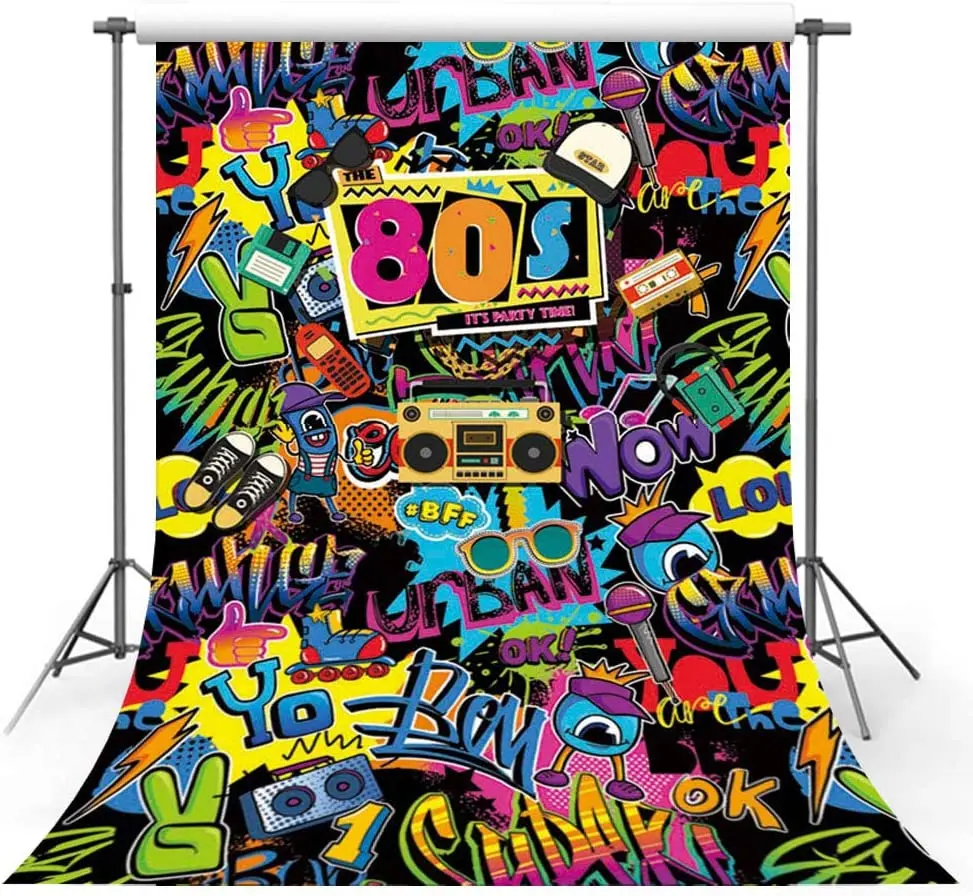 

Photography Backdrop Hip Hop Back To 80s Themed Adult Birthday Party Decorations Banner Background Retro Graffiti Disco Portrait