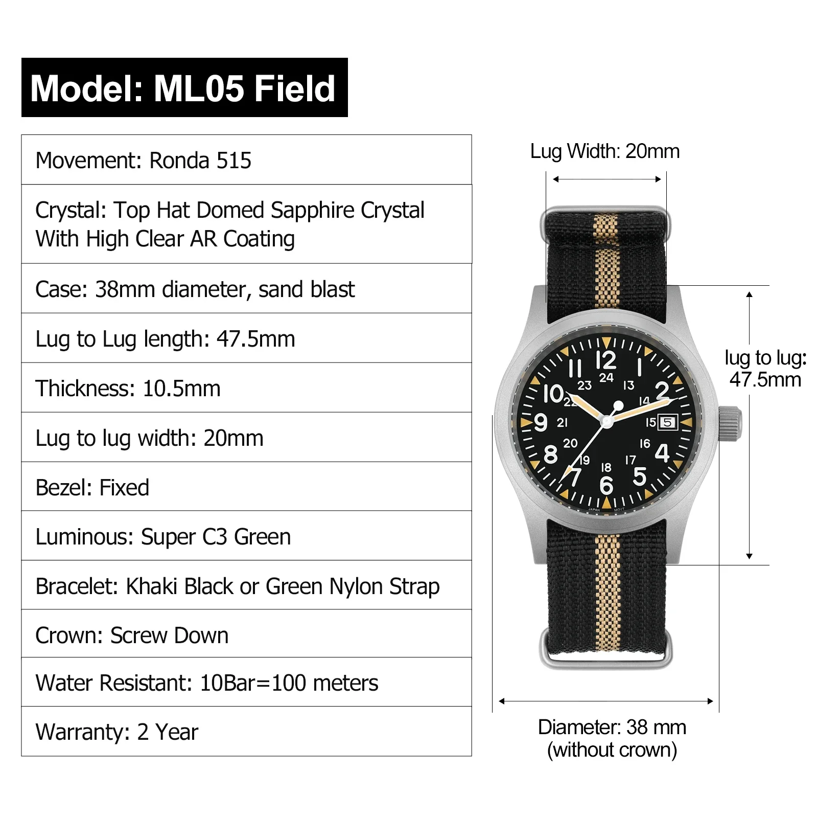 Militado ML05 кварцевые часы 38 мм