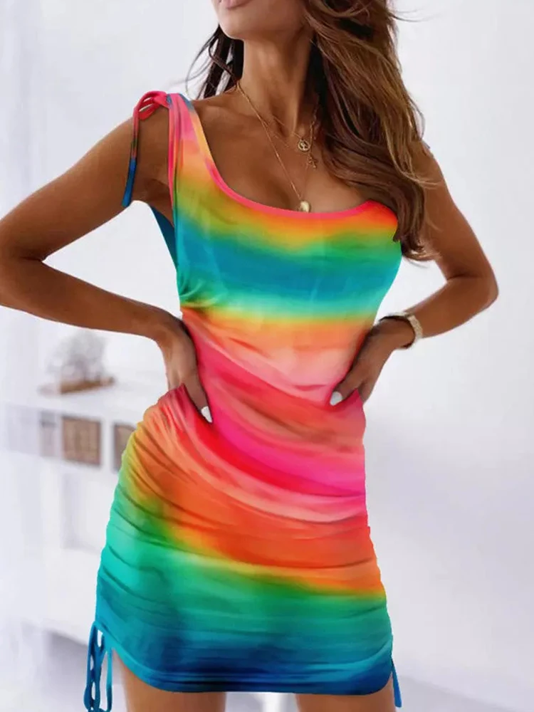 

Colorful Striped Drawstring Tank Dress Rainbow Printed Elastic Dresses Fashion Bodycon Dress Color Patchwork Bodycon Dress