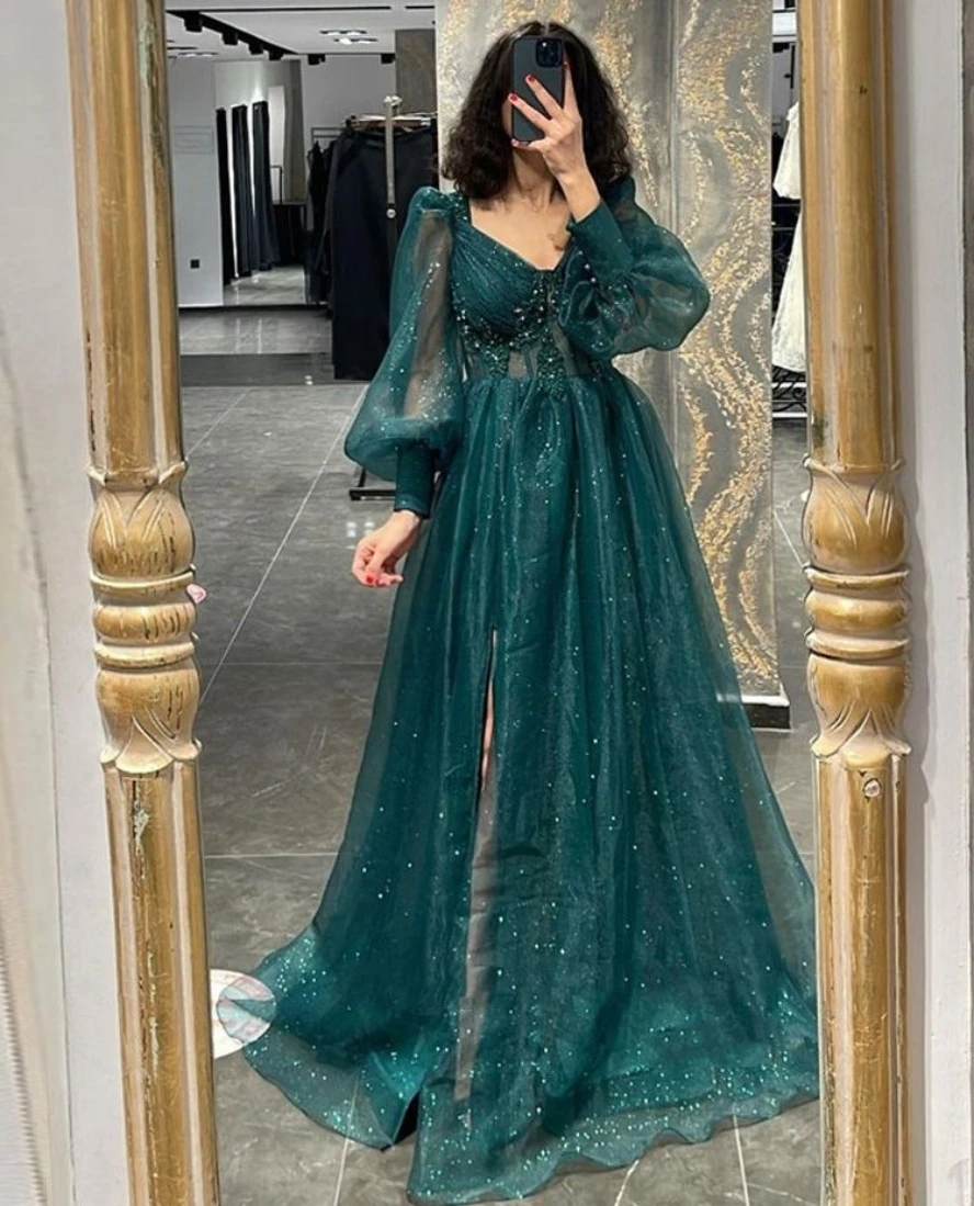 

Lovestory Shinny Organza Prom Dresses Long Sleeves Beaded Sash Evening Party Gowns Saudi Arabia Side Slit Robe Des Marriage