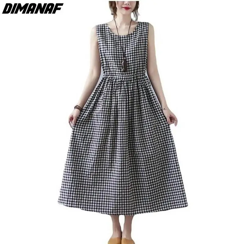 Женское длинное платье без рукавов Dimanaf свободное винтажное в клетку Пляжное