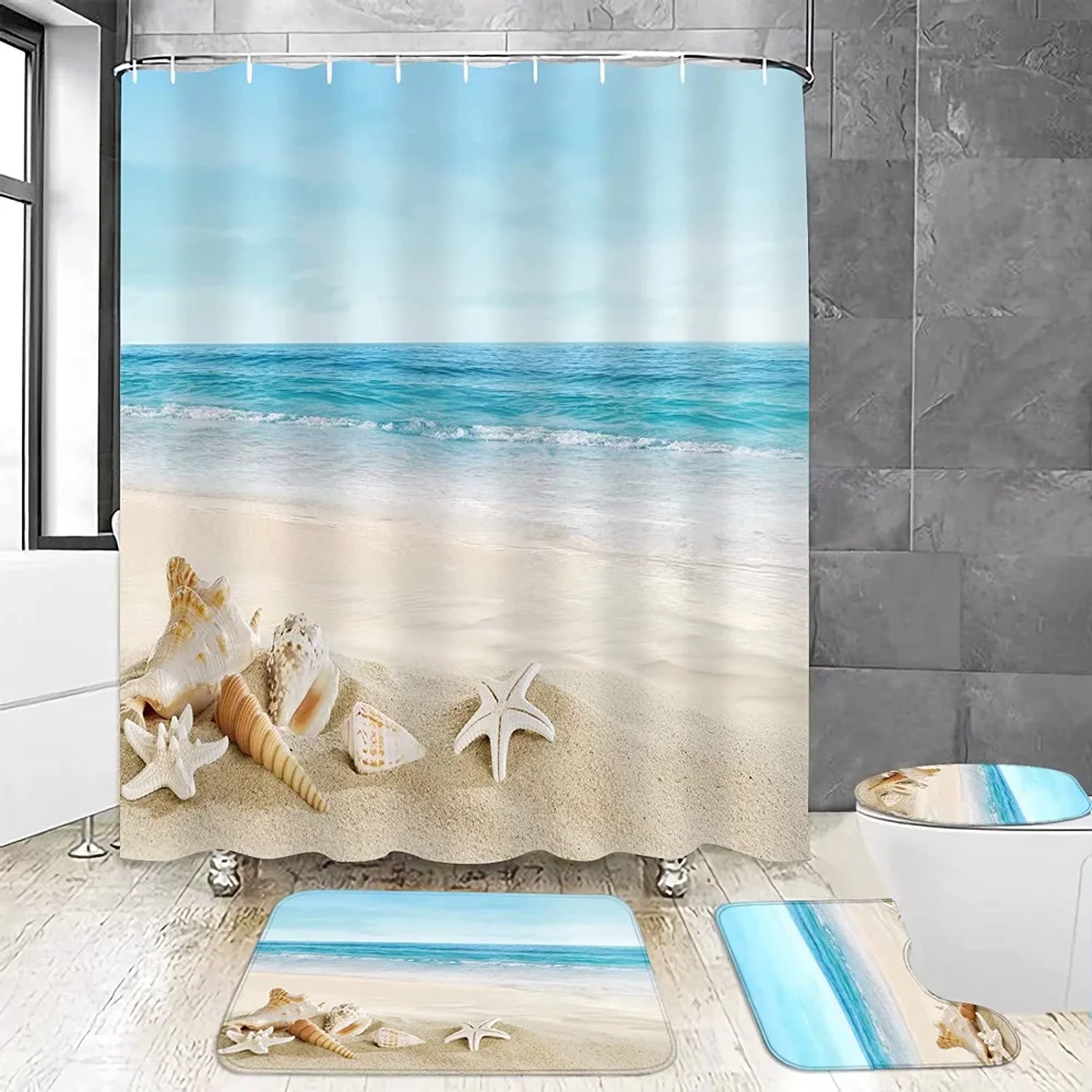 

4Pcs Summer Beach Shower Curtain Sets Sea Ocean Bathroom Decor with Non-Slip Floor Rugs Bath Mat Toilet Lid Cover Starfish Shell