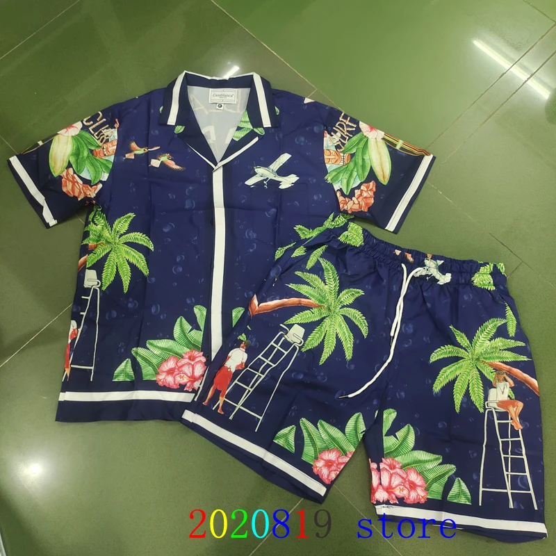 Surf Club Casablanca Shirt Shortpant Set  Airplane Coconut Tree Print Men Women Hawaii Beach Tennis Club Holiday Short Suit