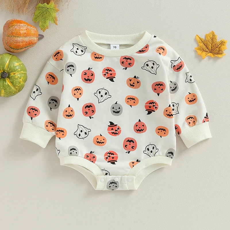 

Детский комбинезон с длинным рукавом, круглым вырезом и принтом в виде тыквы