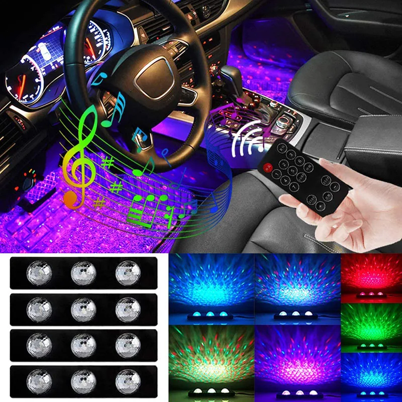 Car Interior Atmosphere Foot Light USB RGB LED Starlight Ambient Decorative Carpet Lamp Kit Remote Control Sound Decoration |
