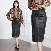 2022 new womens sheepskin mid length slim leather skirt high waist one step skirt k30